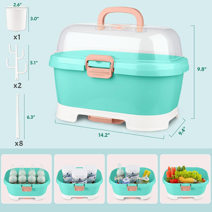 NiHome Portable Baby Bottle Drying Rack with Anti-Dust Lid, Cutlery Organizer and Drain Board - Easy-Carry Handle for Home, Kitchen, Travel and Outdoors (Pink)