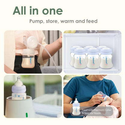 Maymom Wide-Mouth Milk Storage Feeding Collection Bottle with Nipple, Dome Cap, Bottle Top, SureSeal Sealing Disk; Compatible with Spectra Pump/Motif Luna; 5 pc (4.7Oz/140mL)