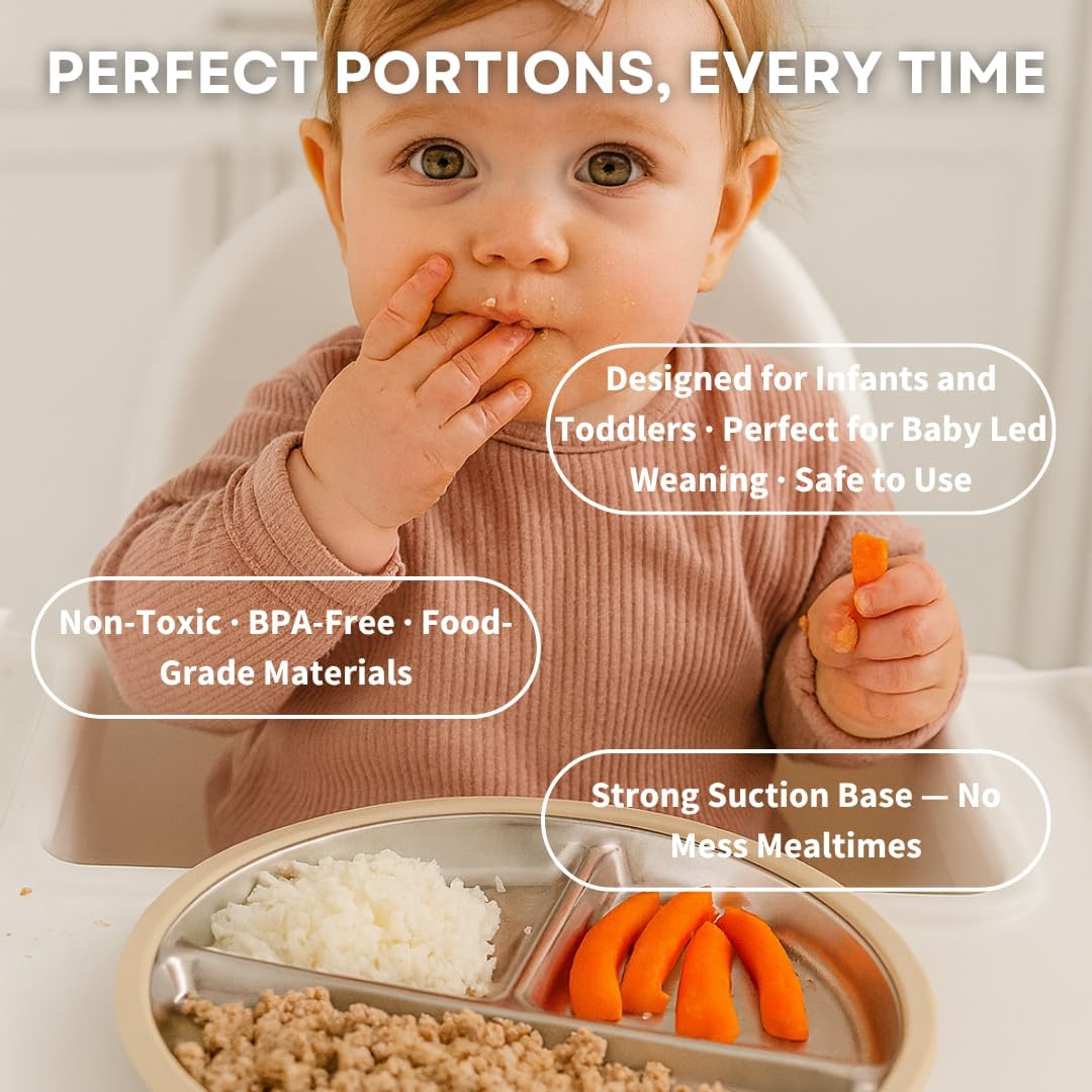 Karefree Children’s Minimalist Stainless Steel Suction Plate with Lid – 3-Section, BPA-Free, Food Grade Silicone, Easy Clean, Perfect for Toddlers & Baby Led Weaning (2, Blush Pink and Beige)