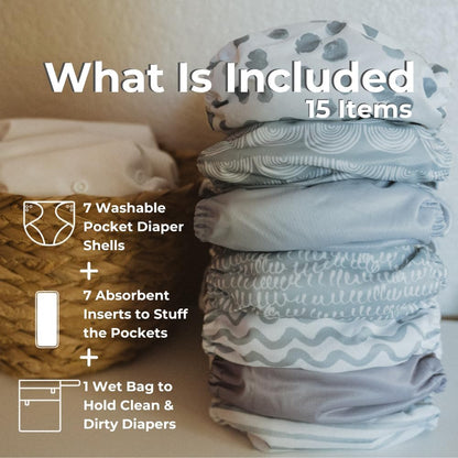 Nora's Nursery Cloth Diapers 7 Pack with 7 Inserts & 1 Wet Bag - Waterproof Cover, Washable, Reusable & One Size Adjustable Pocket Diapers for Newborns and Toddlers - Delilah