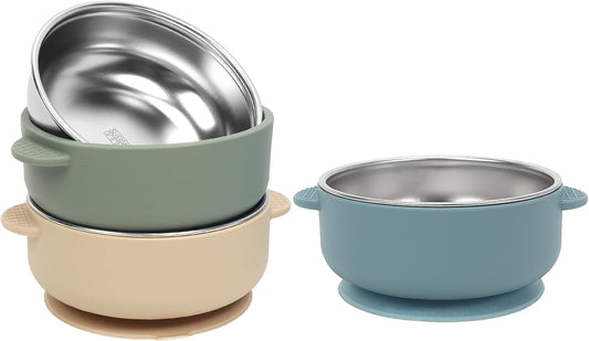 Baby & Toddler Bowls | Stay-Put Suction | Silicone & Stainless Steel with Leakproof Sealed Lids (Set of 3) | Portable Baby Food Bowls