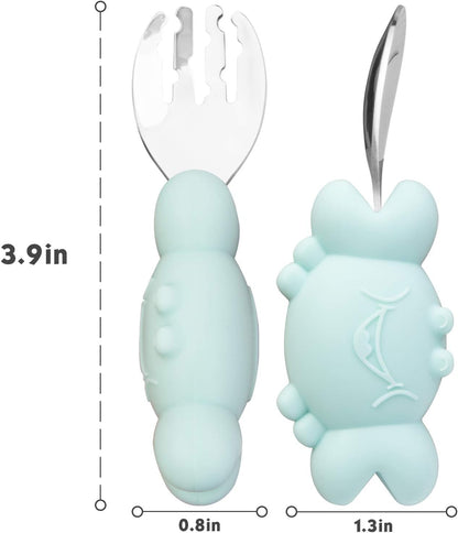Silicone Suction Plate for Toddlers with Fork Spoon Set - Self Feeding Training Divided Plate Dish and Bowl for Baby and Toddler, Fits for Most Highchairs Trays (Green)