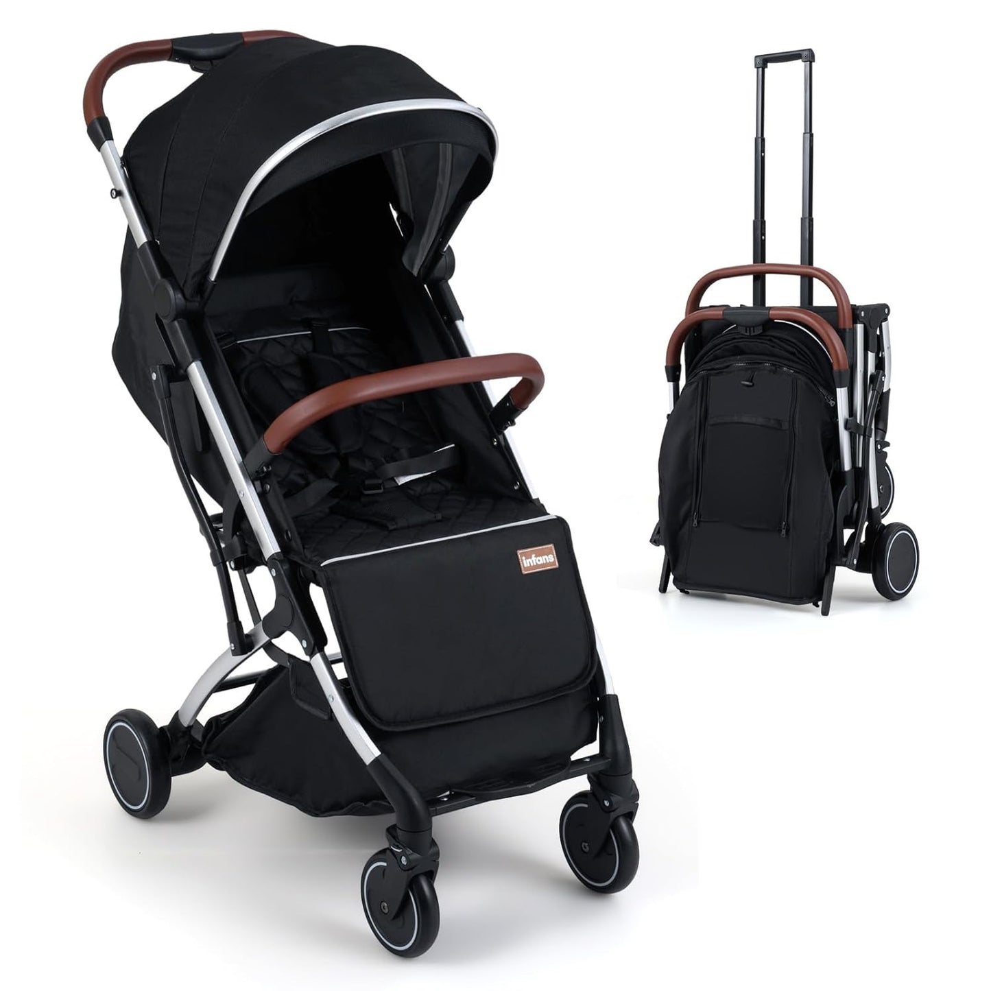 INFANS Travel Stroller, Lightweight Compact Baby Stroller for Airplane with One-Hand Fold, Multi-Position Recline, Canopy, 4 Wheel Suspension, Storage Basket (Grey+Black)