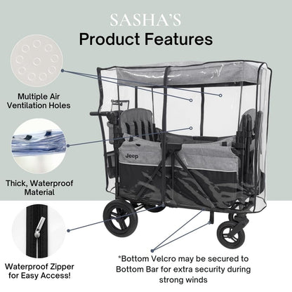 Rain Cover for the Jeep Wrangler Deluxe 4 Seater by SASHA'S – Clear, Maximum Coverage, (Stroller Wagon Not Included)