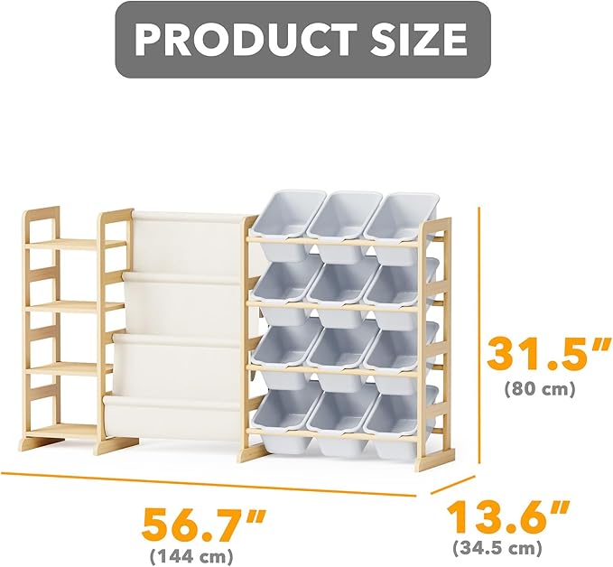 SpaceAid 3-in-1 Toy Storage Organizer with 4 Shelves and 12 Bins, Toy Organizers Storage 3-Tier Bookshelf, Kids Bin Shelf Box Bookcase for Bedroom Playroom Organization Room Decor, Neutral Gray