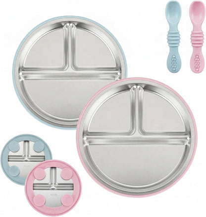 PandaEar 2 Pack Stainless Steel Baby Suction Plates & 2 Pack Spoons, Toddler Utensils Baby Feeding Set, Divided Plates for Baby Led Weaning Supplies, BPA-Free (Blue/Green)