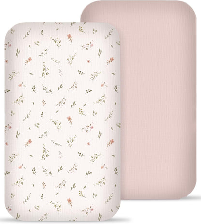 Muslin Bedside Bassinet Sheets 2 Pack, 33x20 Fitted Ultra Soft & Breathable Bedside Sleeper Sheets, Ideal for Baby Girl and Boy, Perfect for Newborns (Hopping Bunnies & Beige)