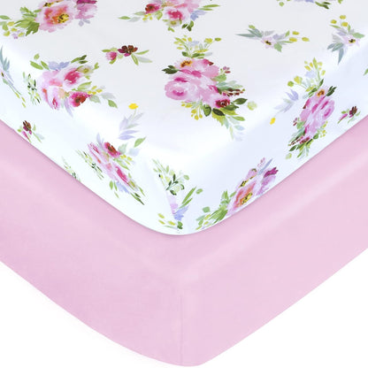 Pack and Play Sheets, 2 Pack Mini Crib Sheets, Stretchy Playard Fitted Sheet, Compatible with Graco Pack n Play, Soft and Breathable Material, Planet & Flower