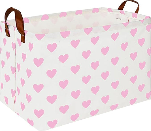 Rectangle Pink Heart Gift Basket,Storage Basket for Girls, Room Decor, Books Shelf Baskets (Pink Heart)
