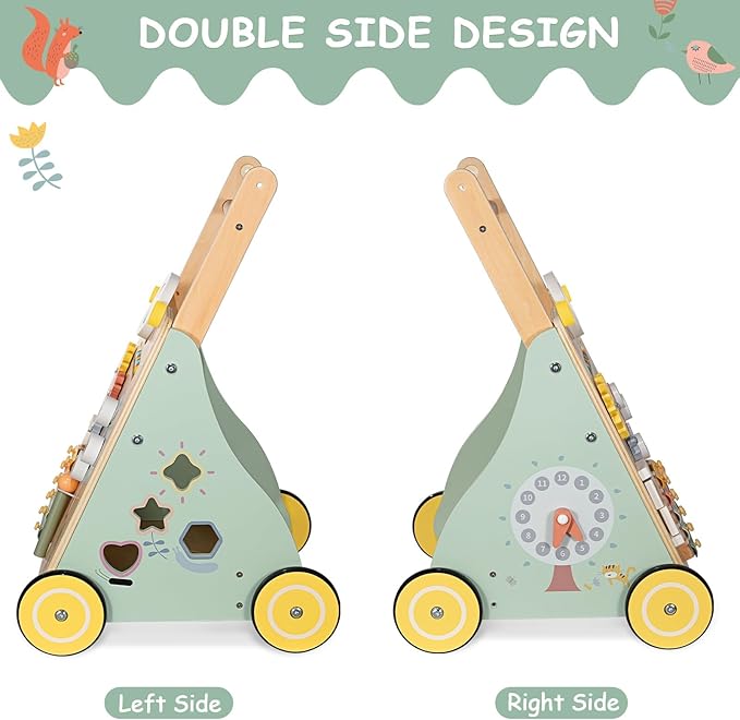 GiggleGems Wooden Baby Walker, Multiple Learning Activities Center Develops Motor Skills for Infant to Toddler, Push and Pull Walkers with Wheel for Boys Girls