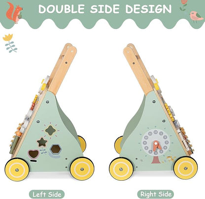 GiggleGems Wooden Baby Walker, Multiple Learning Activities Center Develops Motor Skills for Infant to Toddler, Push and Pull Walkers with Wheel for Boys Girls