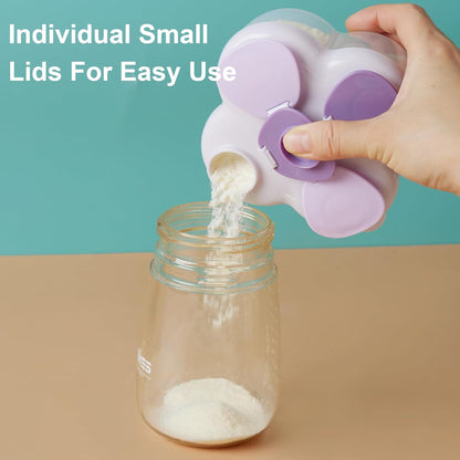 Formula Dispenser No-Spill with Four Compartment, Infant Milk Powder Dispenser Portable On The Go, Kids Snack Formula Containers for Travel Hold Outdoor, Violet
