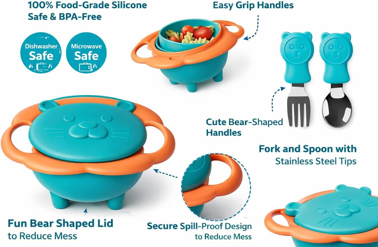 360° Baby Magic Bowl with Spoon Combo, Spill-Proof Gyro Balancing Feeding Bowl for Kids & Toddlers, BPA-Free, Anti-Spill Snack Bowl, Non-Slip, Portable Baby Food Bowl with Lid (Blue)