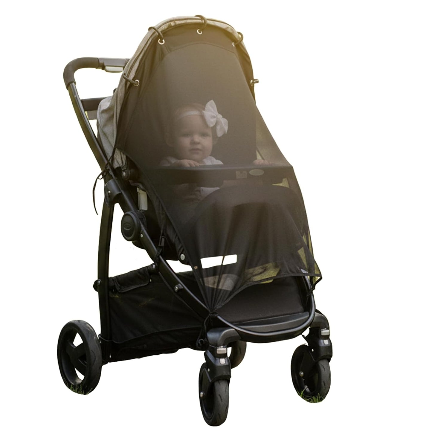 Stroller Sun Shade Extender – Universal Clip-On Baby Stroller Sun Shade Cover, UV Protection, Breathable See-Through Mesh, Adjustable Fit, Large Black