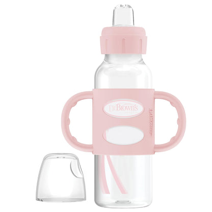 Dr. Brown's Milestones Narrow Sippy Spout Bottle with 100% Silicone, Easy-Grip Handles and Soft Sippy Spout, 8oz/250mL, Light Pink and Ecru, 2-Pack, 6m+