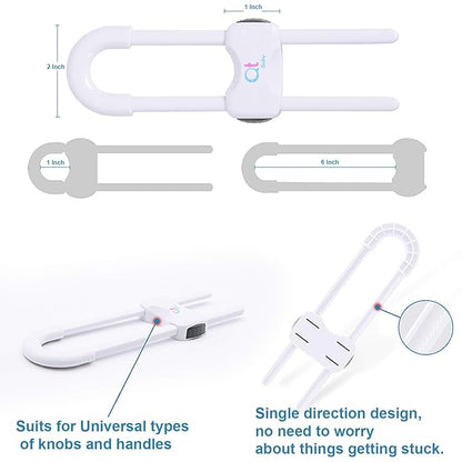 QT BABY Baby Proofing Cabinet Locks | Adjustable U Shaped Baby Safety Latches for Drawers, Fridge, Closet |Modern Baby Proofing Cabinet Lock with Extra Secure Lock Buttons (Pack of 4, White)