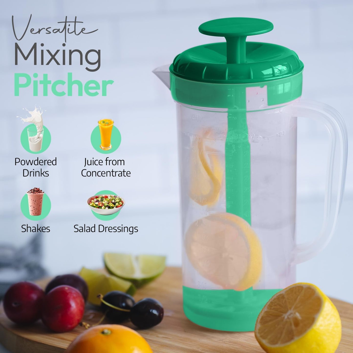 JBK Pottery 1 Quart Plastic Mixing Pitcher with Mixing Lid, BPA Free, Shatterproof Beverage Jug for Iced Tea, Lemonade, Juices, Milk – Leak-Proof, Easy Stirring, Dishwasher Safe | Blue