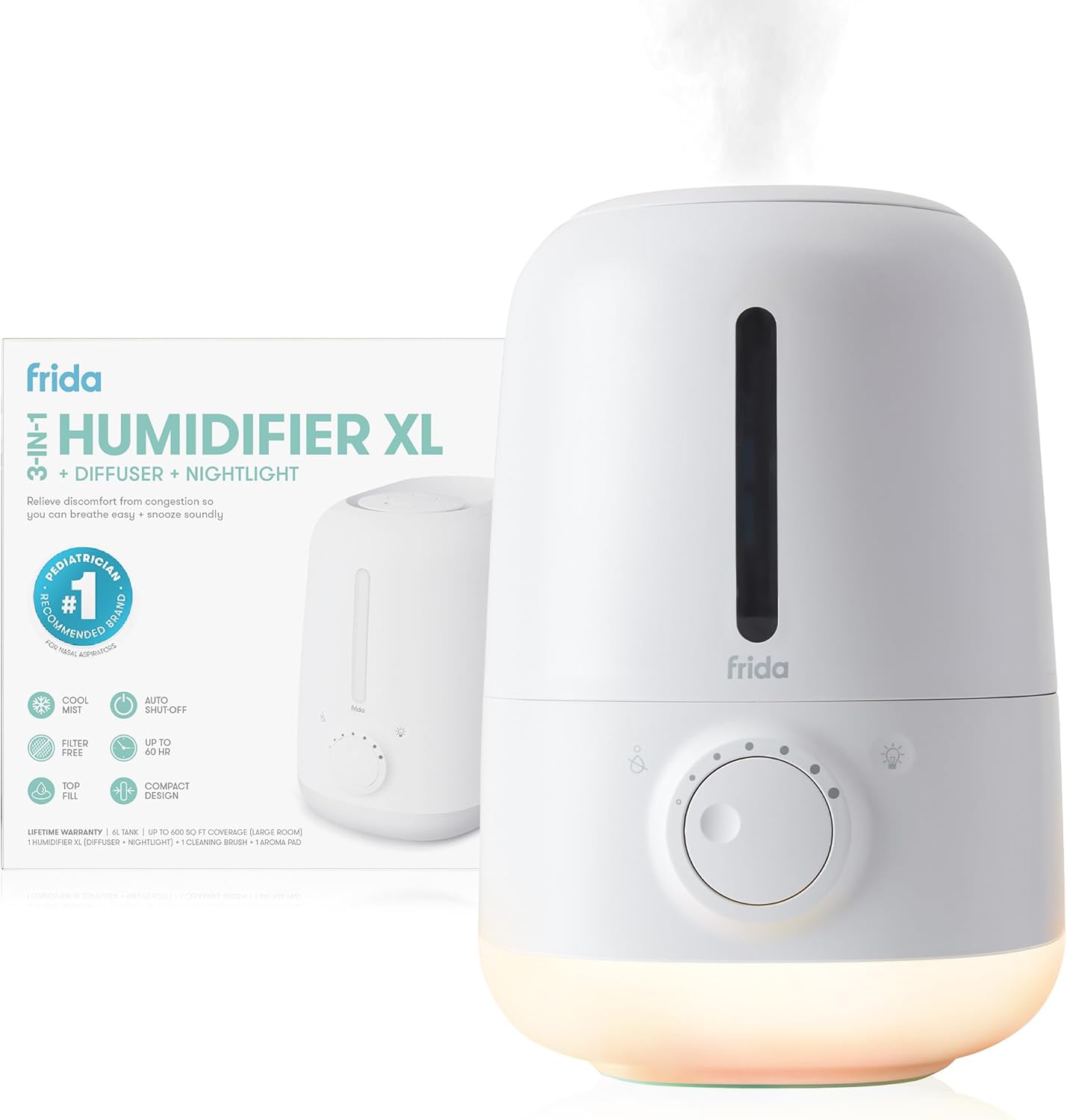 Frida Baby 3-in-1 XL Top Fill Humidifier for Bedroom, Cold & Flu Relief, 6L Tank Cool Mist Humidifier + Diffuser for Large Rooms, Mold Resistant, Nightlight, Auto-Off, Quiet, Essential Oil Diffuser