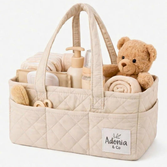 Adonia & Co Diaper Caddy Organizer – Nursery Storage Basket for Newborn Essentials Must Haves & Baby Must Haves – Portable, Machine Washable Baby Diaper Bag Organizer (Brown)