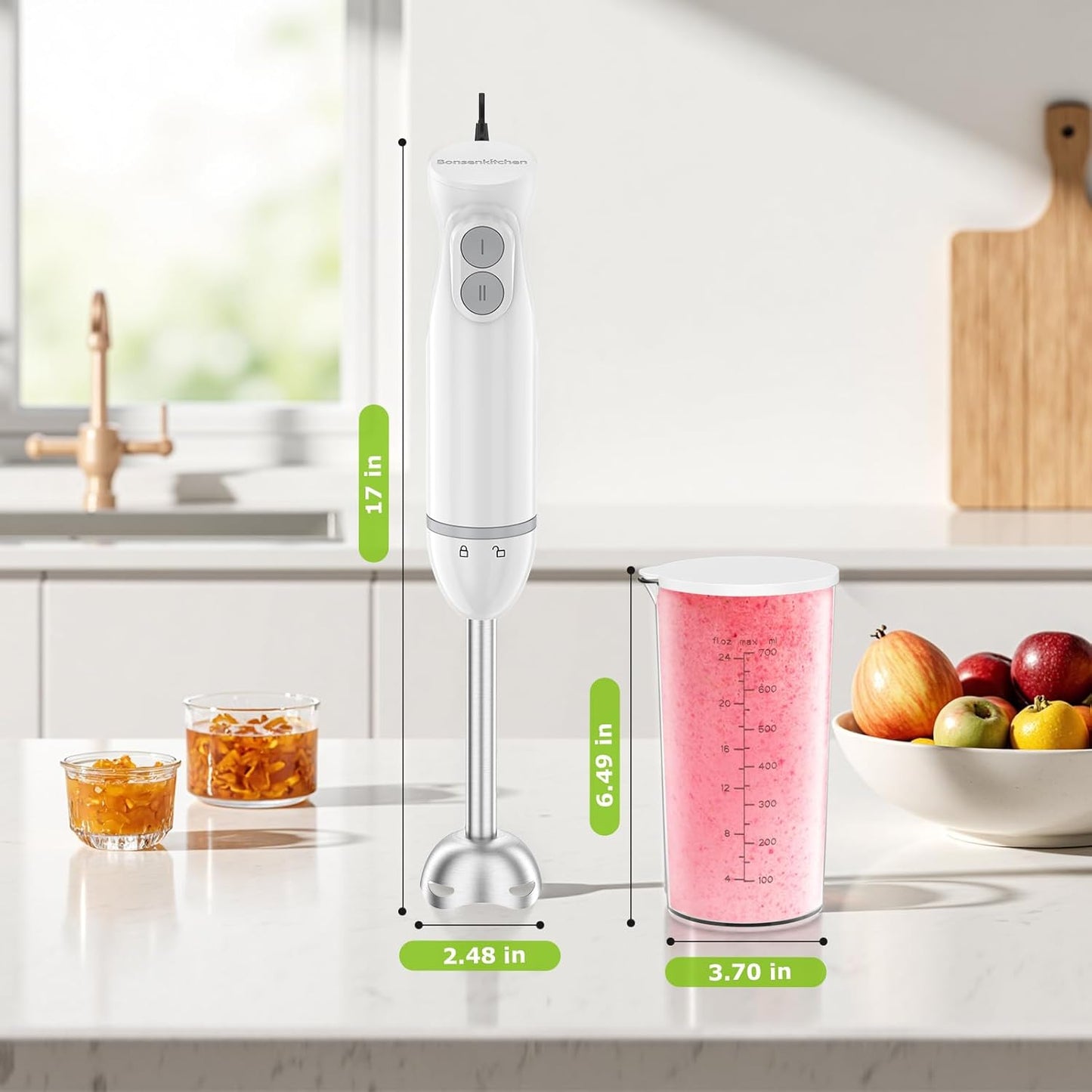 Bonsenkitchen Hand Blender, Immersion Blender with 2 Mixing Speed, Electric Handheld Mixer Portable Stick Mixer with Stainless Steel Blades for Soup, Smoothie, Puree, Baby Food