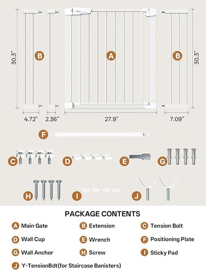 Baby Gate for Indoor Stairs & Doorways: Wide Expandable 27.9-42.1" Metal Safety Gate - Toddler Pets 30" Tall Dog Gate with Easy Install Pressure Mount Dual Lock & 2-Way Swing, White.