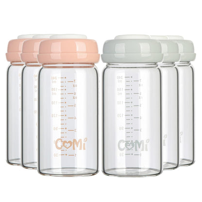 COMI Wide Neck Glass Breastmilk Collection n Storage Bottle, 4 Packs,10oz with Screw Ring Sealing Disk,Re-markable Sealing Disc,BPA Free,Fits Breast Pumps&Nipples(4 Green Lids)