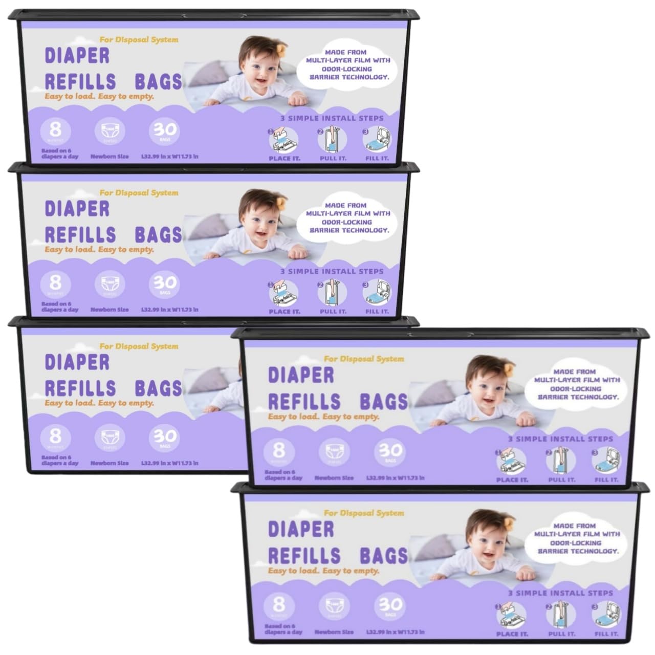 Diaper Easy Roll Refill Bags, Diaper Pail Refills, Holds Up to 7000 Newborn Diapers, Superior Odor Control, Compatible with Genie Easy Roll, 5 Packs Signature & Platinum Pails