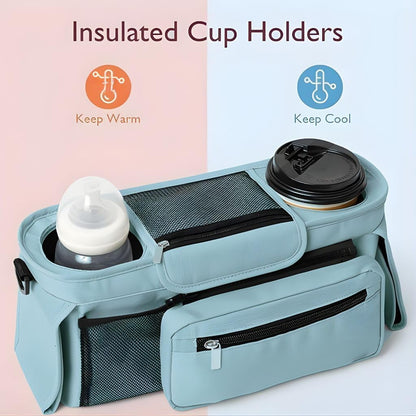 Stroller Organizer with Insulated Cup Holders - Universal Blue Baby Stroller Bag Caddy with Detachable Phone Pocket, Diaper Storage, Adjustable Straps for Uppababy, Doona, Baby Jogger, Britax