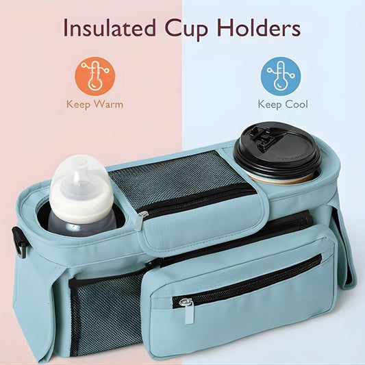 Stroller Organizer with Insulated Cup Holders - Universal Blue Baby Stroller Bag Caddy with Detachable Phone Pocket, Diaper Storage, Adjustable Straps for Uppababy, Doona, Baby Jogger, Britax