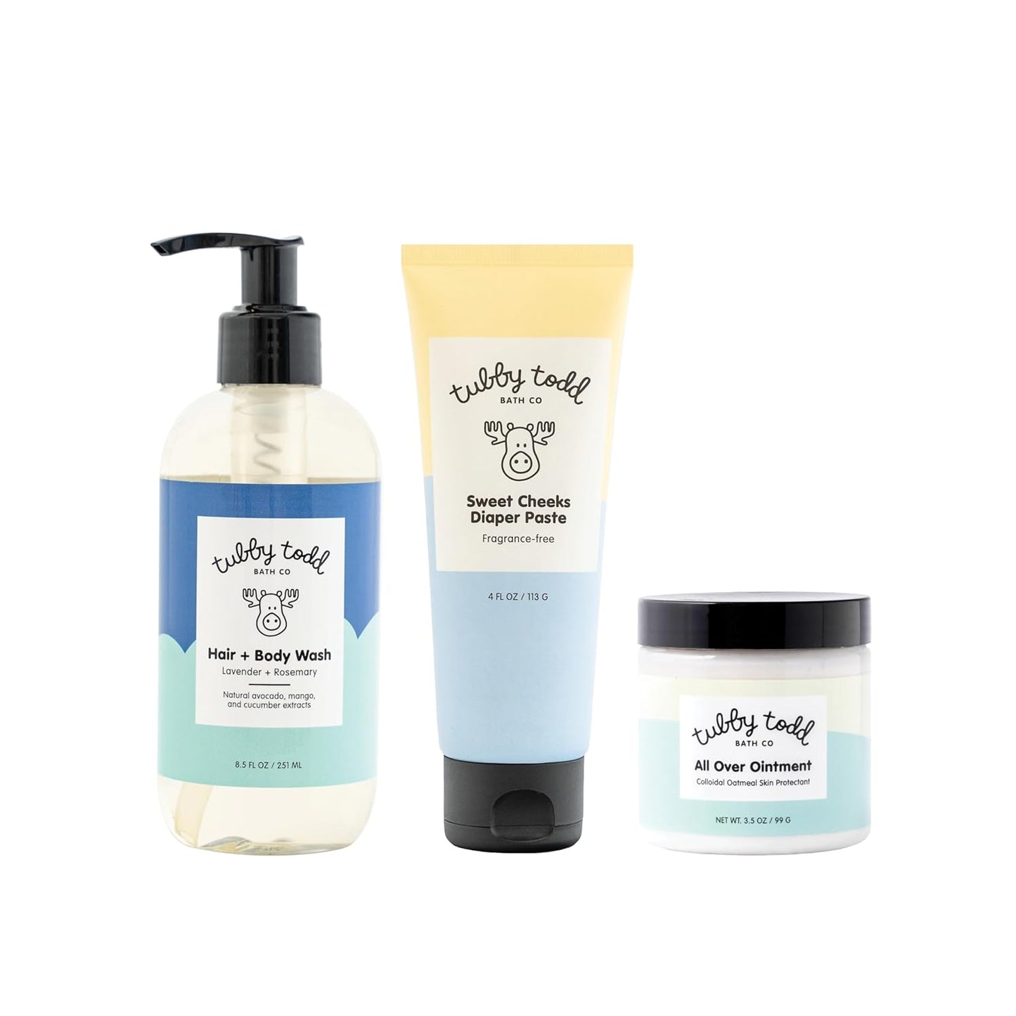 TUBBY TODD Baby Bundle Newborn Skin Care Set - Hypoallergenic Hair + Body Wash, All Over Ointment with Colloidal Oatmeal, Sweet Cheeks Diaper Paste - Fragrance Free, Standard Size