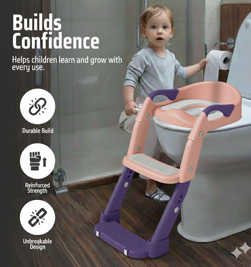 3-in-1 Toddler Potty Training Toilet Seat with Foldable Ladder – Adjustable Toddler Toilet Seat for Boys & Girls with Soft Cushion, Ergonomic Backrest, Non-Slip Pedal and Safety Grips (Blue & Yellow)
