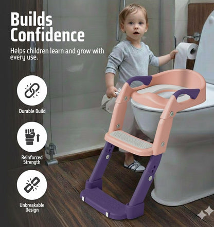 3-in-1 Toddler Potty Training Toilet Seat with Foldable Ladder – Adjustable Toddler Toilet Seat for Boys & Girls with Soft Cushion, Ergonomic Backrest, Non-Slip Pedal and Safety Grips (Blue & Yellow)