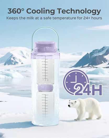 XAPROO 22oz Breast Milk Cooler Bottle, Portable Milk Cooler for Breastmilk with 360°Cooling for 24 Hours, Milk Chiller with 2pcs Baby Bottles, Breastmilk Storage Bags for Baby, BPA-Free (Purple)