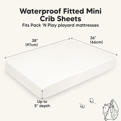 2-Pack Waterproof Pack and Play Sheets, Mini Crib Sheets Fitted for Boy, Girl - 38 x 26 Viscose from Bamboo Pack N Play Mattress Sheets for Graco, Toddler Playard Baby Crib Sheets Neutral (Blue Flax) - Colors B