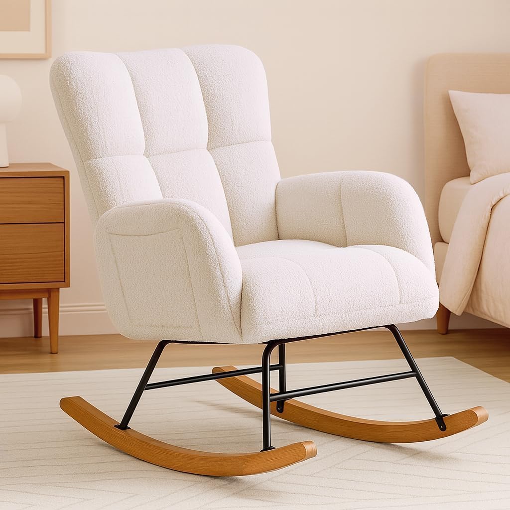 COMHOMA Nursery Rocking Chair with Ottoman,Teddy Glider Rocking Chair,Accent Chair with High Backrest Reading Chair for Adult,Nursery,Bedroom,Living Room,Offices(Beige with Ottoman)