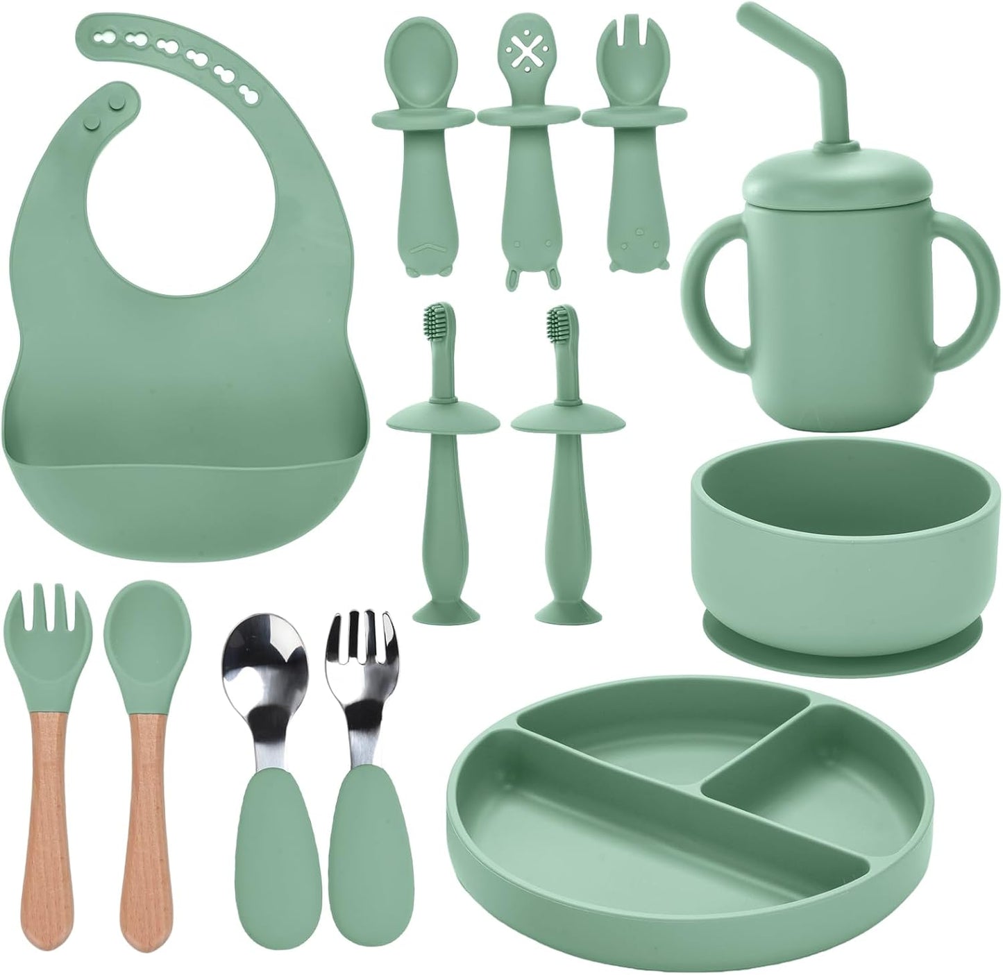 Silicone Feeding Set, 13PCS Baby Feeding Essentials with Suction Bowl & Plate, Spoons & Forks, Bib & Cup, Toothbrush, Baby Led Weaning Supplies for 6+ Months, Eating Essentials (Blue)