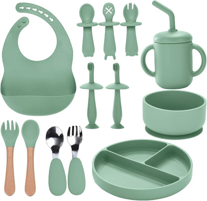 Silicone Feeding Set, 13PCS Baby Feeding Essentials with Suction Bowl & Plate, Spoons & Forks, Bib & Cup, Toothbrush, Baby Led Weaning Supplies for 6+ Months, Eating Essentials (Blue)