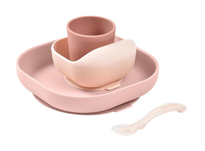 BEABA 100% Silicone 4-Piece Baby Feeding Set, Suction Plates for Baby, Made w/High Grade Food Safe Silicone, Rose