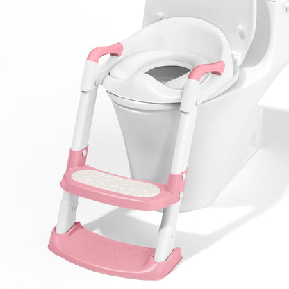 COOSEYA Potty Training Toilet with Step Stool Ladder, Toddler Kids Potty Training Seat for Boys Girls, Foldable Anti-Slip Toilet Toddler Seat Splash Guard Soft Cushion Safety Handles (Grey)