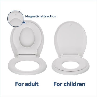 JINGZE Round Toddler Toilet Seat Adult/Child,Built-In Potty Training Seat, Soft Quiet Close Non-Slip Seat, Easy to Install & Clean,Magnetic Kids Seat and Cover,White