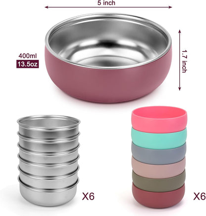 ShineMe Stainless Steel Bowls, 6 pack Snack Containers with Removable Colorful Silicone Sleeves, Unbreakable Kids Bowls for Icecream, Soup, Cereal, Yogurt...