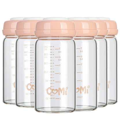 COMI Wide Neck Glass Breastmilk Collection n Storage Bottle, 4 Packs,10oz with Screw Ring Sealing Disk,Re-markable Sealing Disc,BPA Free,Fits Breast Pumps&Nipples(4 Green Lids)