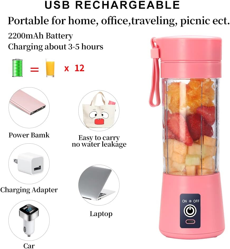 Portable Blender Cup,Electric USB Mini Juicer Blender For Shakes and Smoothies, Juice,380ml, Six Blades Great for Mixing,Black
