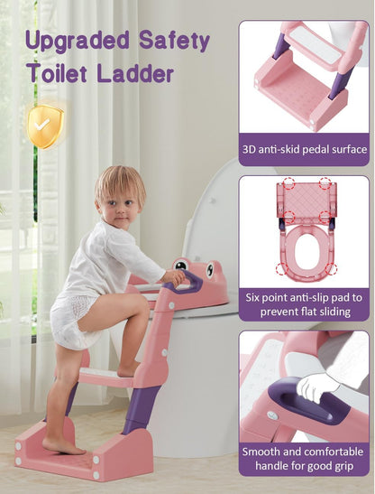 Potty Training Seat, Toddler Potty Training Toilet, Upgrade 2 In 1 Toddler Toilet Seat with Steps Stool Splash Guard and Anti-Slip Pad Soft Cushion, Potty Seats for Toddlers Baby Kids (Pink)
