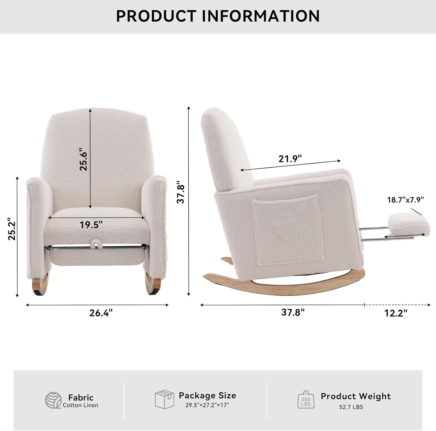 FOXHUNTER Rocking Chair Nursery with Adjustable Footrest and High Backrest, Upholstered Glider Chairs with Side Pockets for Nursery, Rocker Armchair Indoor for Living Room,Beige