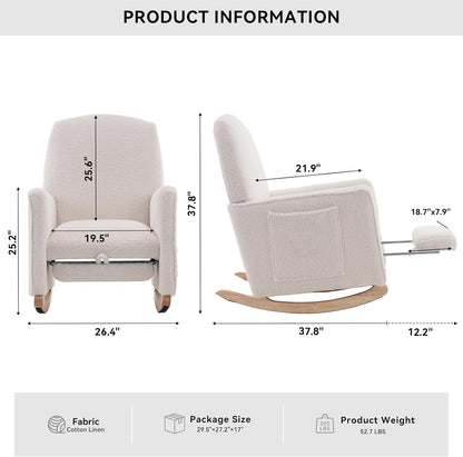 FOXHUNTER Rocking Chair Nursery with Adjustable Footrest and High Backrest, Upholstered Glider Chairs with Side Pockets for Nursery, Rocker Armchair Indoor for Living Room,Beige