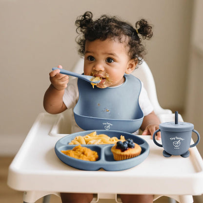 10-Piece Silicone Baby Feeding Set – BPA-Free, Spill-Proof Suction Plate, Bowl, Bib, Snack Cup & Utensils | Dishwasher Safe, Baby Gift Ready (Blue)