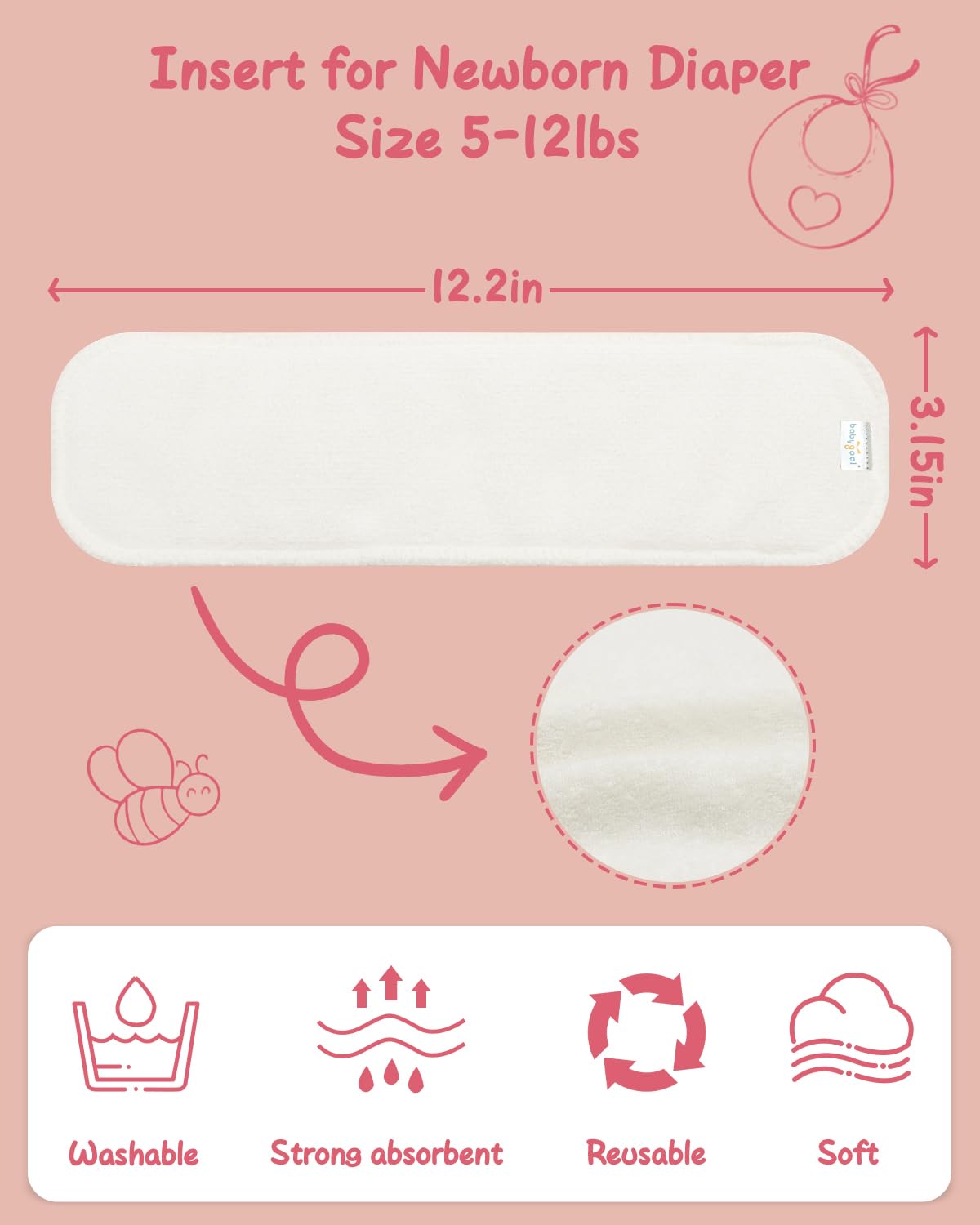 Babygoal Reusable Cloth Diaper Inserts Pack of 12, Absorbent & Breathable Liners, 3-Layer Microfiber Inserts for Cloth Diapers