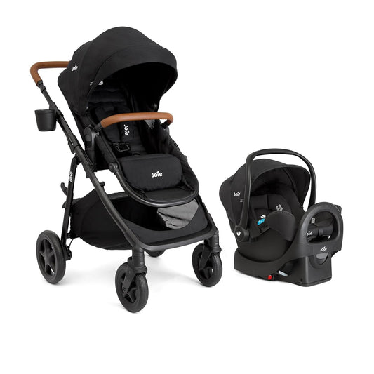 Joie Ginger and Rue Travel System – 4-in-1 Travel System with Lightweight Baby Car Seat and an Included Anti-Rebound Base for Easy Install and Height-Adjustable Stroller (Shale Dark)