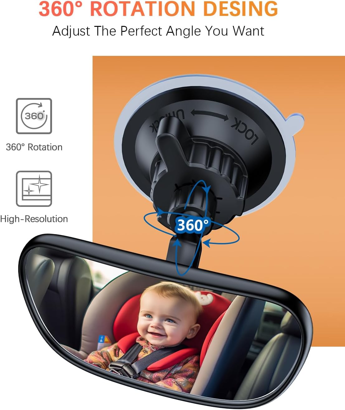 Baby Car Mirror on the Front Windshield, 360° Adjustable Wide Angle Convex Rearview for Rear Facing Infant Suction Cup & Adhesive Mount Safety Mirror for Car SUV Trucks